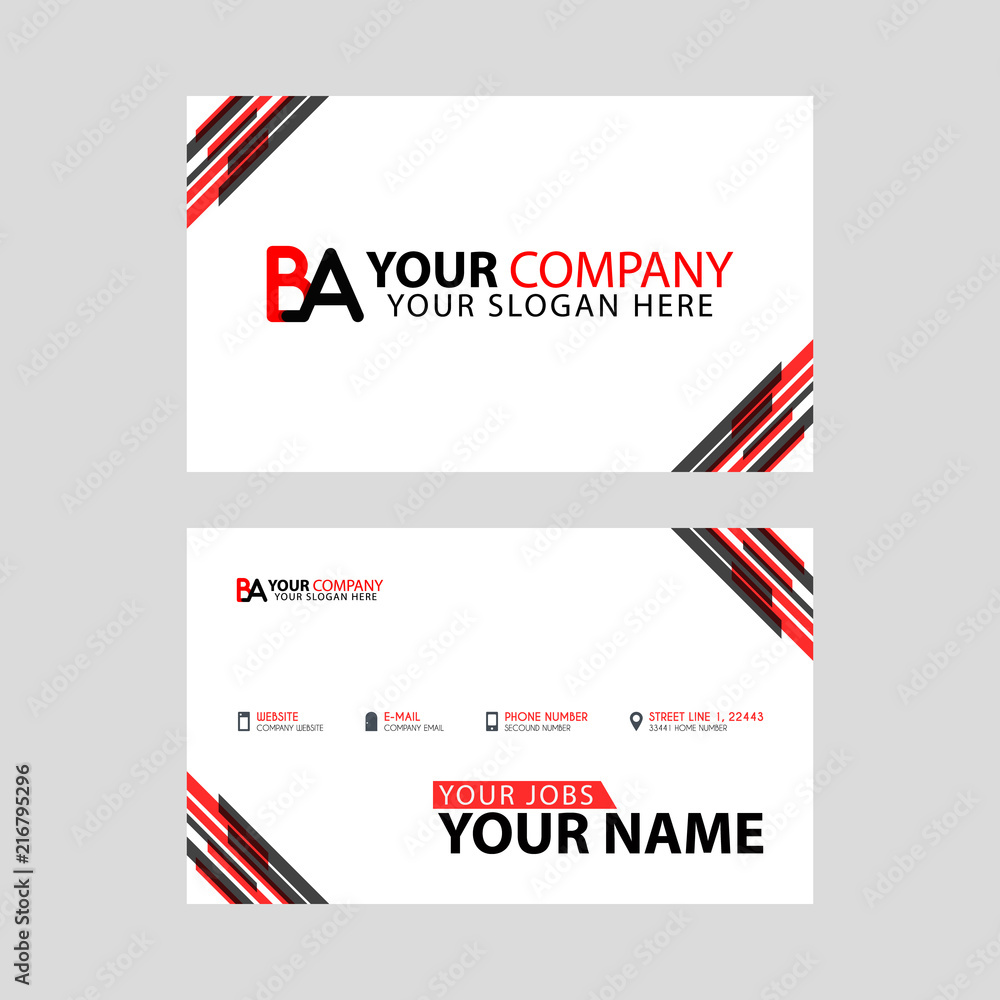 Horizontal name card with BA logo Letter and simple red black and triangular decoration on the edge.