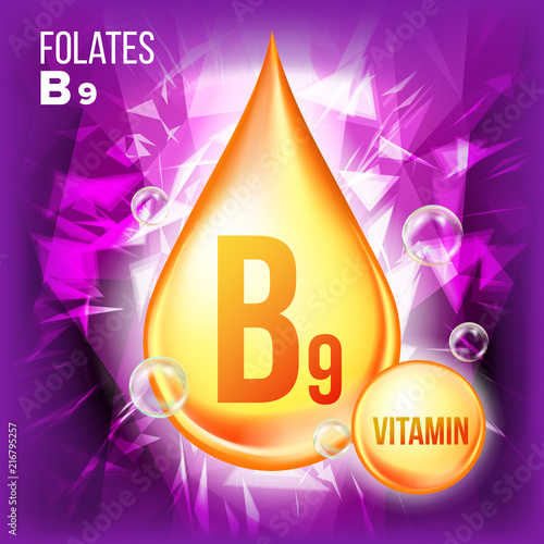 Vitamin B9 Folates Vector. Vitamin Gold Oil Drop Icon. Medicine Liquid, Golden Substance. For Beauty, Cosmetic, Heath Promo Ads Design. Drip 3D Complex With Chemical Formula. Illustration