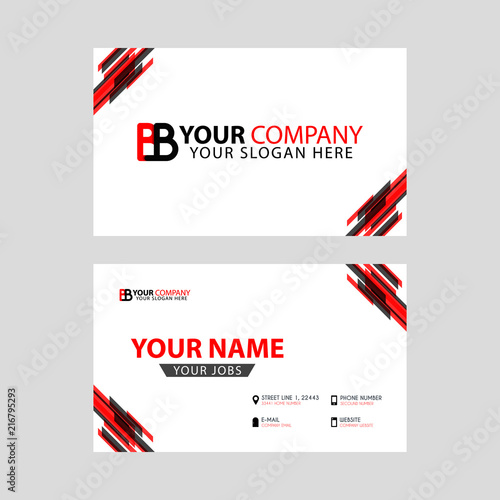 Horizontal name card with BB logo Letter and simple red black and triangular decoration on the edge.
