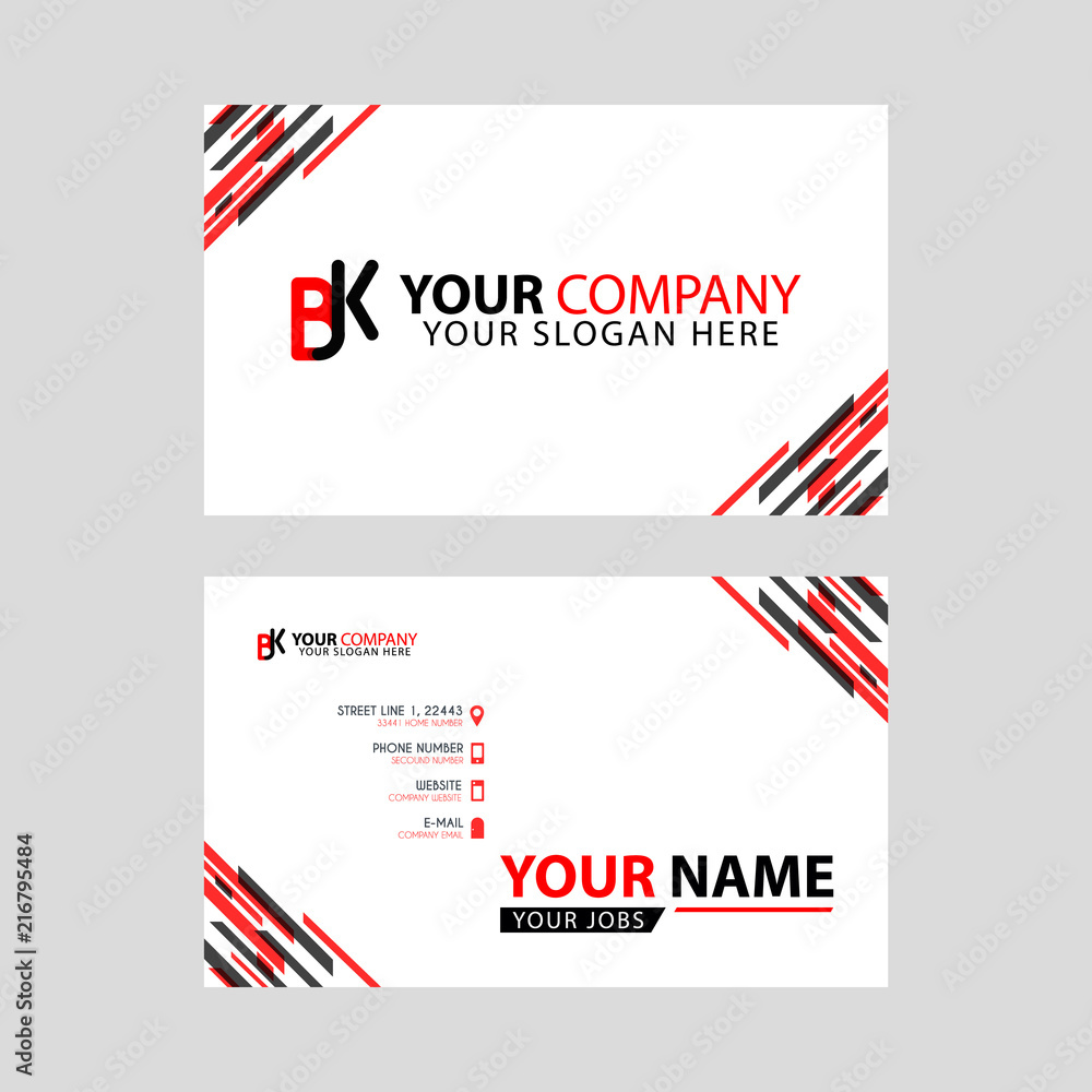 Horizontal name card with BK logo Letter and simple red black and triangular decoration on the edge.