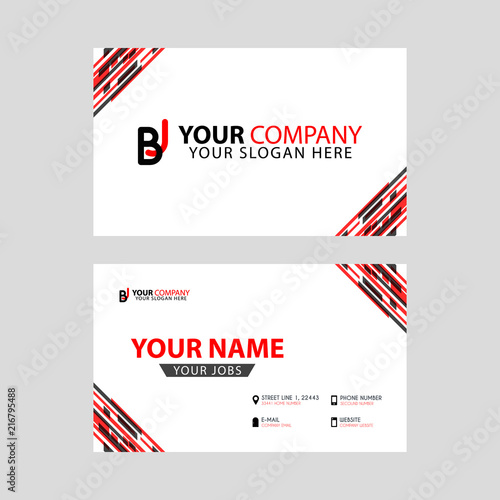 Horizontal name card with BJ logo Letter and simple red black and triangular decoration on the edge.