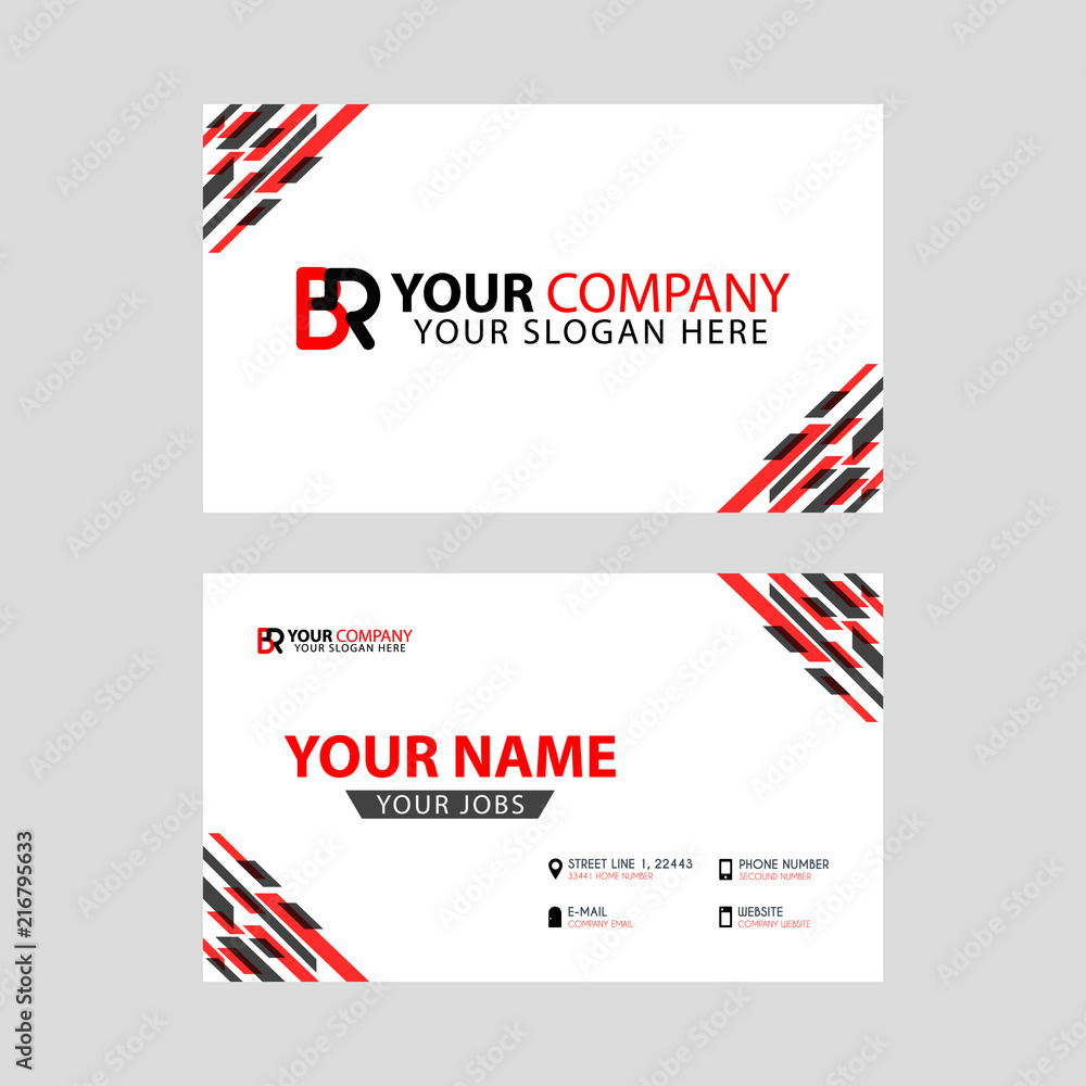 Horizontal name card with BR logo Letter and simple red black and triangular decoration on the edge. Horizontal name card with BR logo Letter and simple red black and triangular decoration on the edge.
