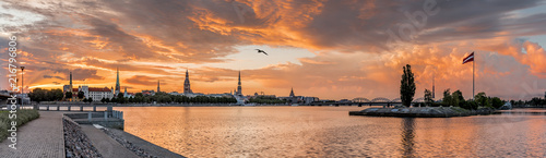 Colorful panoramic view on the old Riga town - historical district of the capital city of Latvia. Riga is also political, financial, tourist and cultural center of Baltic Region. 
