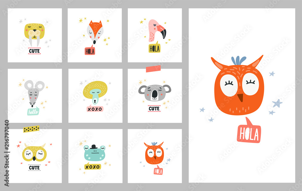 Cute animals set of vector illustrations