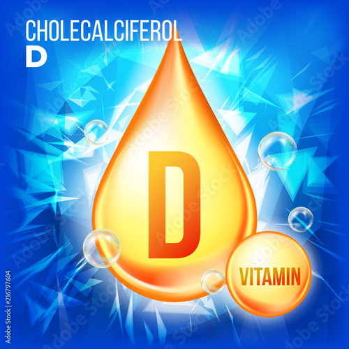 Vitamin D Cholecalciferol Vector. Vitamin Gold Oil Drop Icon. Organic Gold Droplet Icon. Drip 3D Complex With Chemical Formula. Illustration