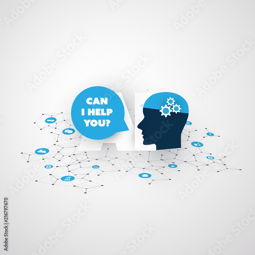 Can I Help You? - Global AI Assistance, Automated Support, Digital Aid, Deep Learning and Future Smart Technology Concept Design with Human Head - Vector Illustration
