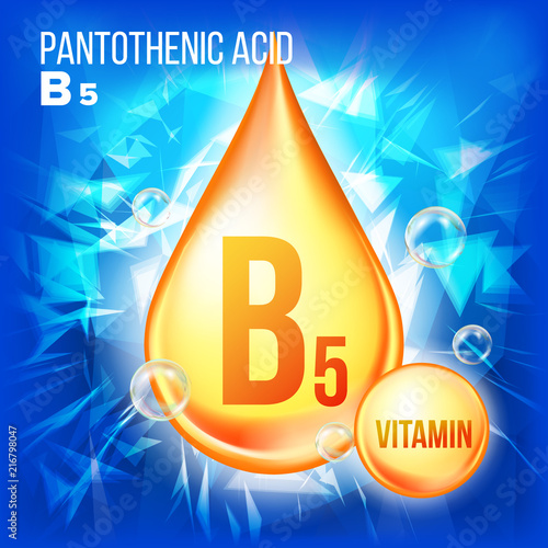 Vitamin B5 Pantothenic Acid Vector. Gold Oil Drop Icon. Organic Gold Droplet Icon. Liquid, Golden Substance. Beauty, Cosmetic Ads Design. Drip Complex, Chemical Formula. Illustration
