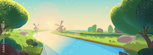 A beautiful landscape for background of banner. Sunny morning, dawn on river, mills, evening. Vector illustration in cartoon style.