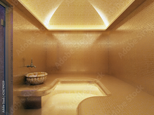 3D rendering Interior of luxury gold turkish bath hammam photo