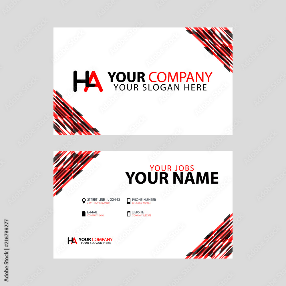 Logo HA design with a black and red business card with horizontal and modern design.