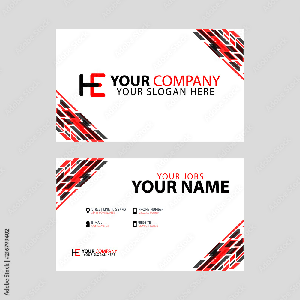 Logo HE design with a black and red business card with horizontal and modern design.