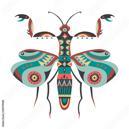 Vector illustration of mantis decorated with ethnic patterns.