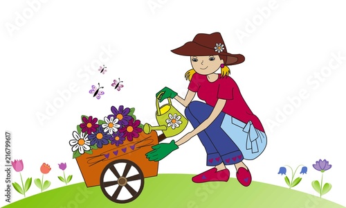 Mujer regando las flores.