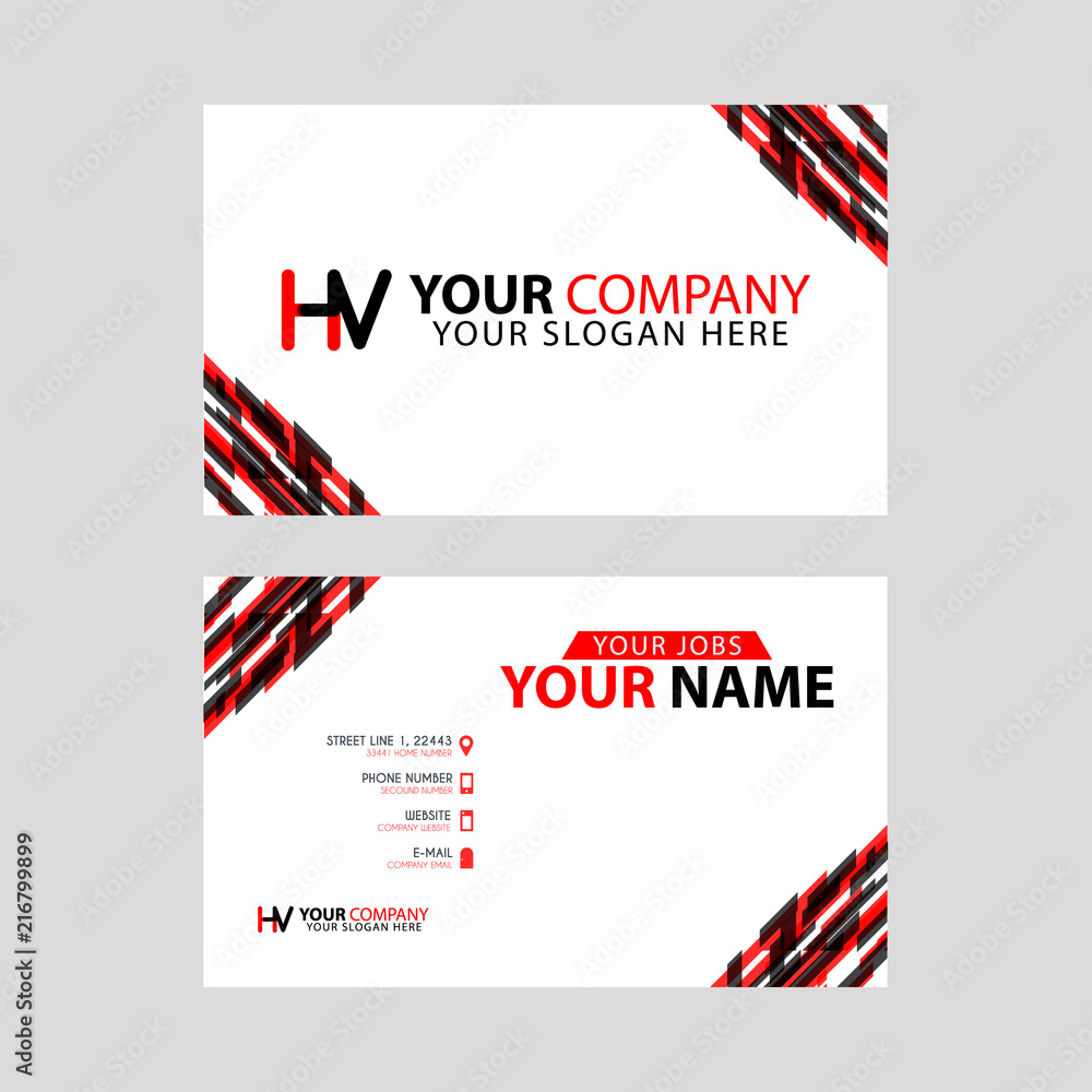 Logo HV design with a black and red business card with horizontal and modern design.