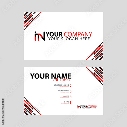 Horizontal name card with decorative accents on the edge and bonus IN logo in black and red.