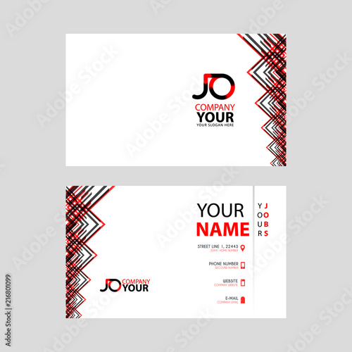 The JO logo on the red black business card with a modern design is horizontal and clean. and transparent decoration on the edges.
