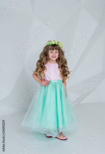  Beautiful little girl in mint dress. Girl with a wreath and flowers in a white room