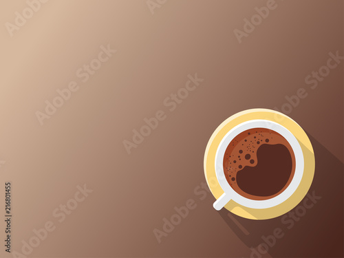 White cup of coffee with copy space. flat lay coffee mug top view on brown background. Vector illustrator.