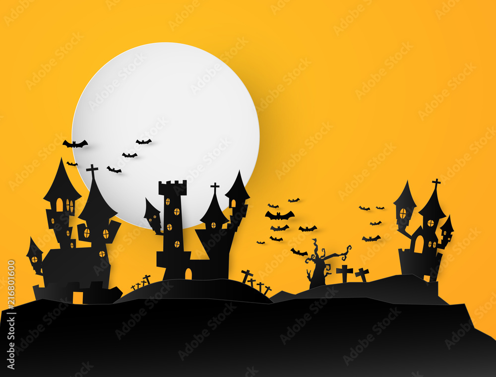 Castle Halloween Text Banner background. Paper cut vector illustration