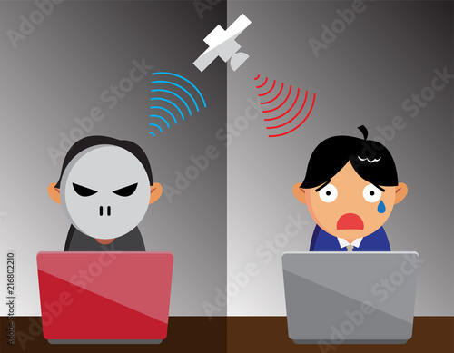 Cyber Security Concept. Cartoon hacker attempt to hacking business data on businessman notebook computer via satellite. Vector illustration