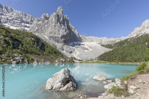 View of Lake Sorapiss, Sorapiss Lake, Dolomites, Veneto, Italy photo
