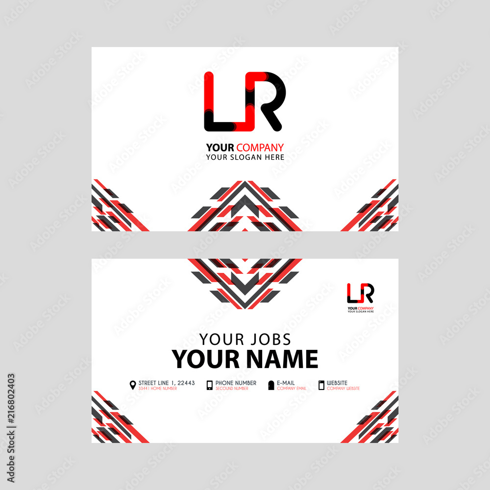 Obraz premium Horizontal name card with LR logo Letter and simple red black and triangular decoration on the edge.