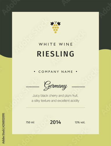 Label for a bottle of wine, glasses and a bunch of grapes. Best quality grape varieties and premium wine brand names labels emblems isolated vector illustration. White wine label Riesling.