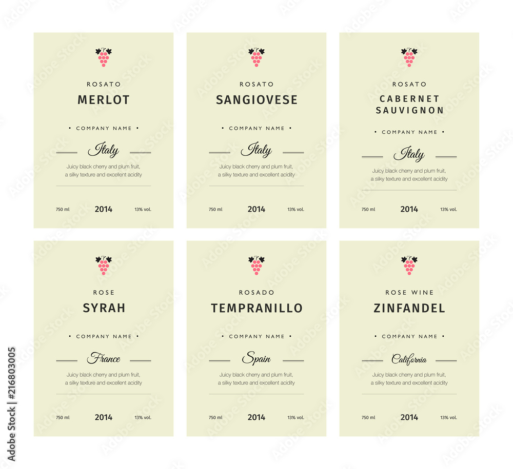 Special collection best quality grape varieties and premium wine brand names labels emblems abstract isolated vector illustration. Rose wine label set.