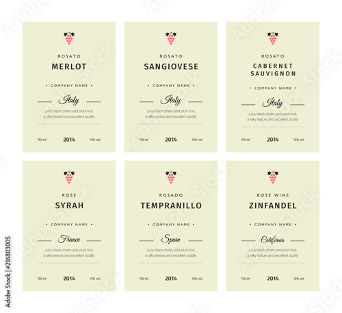 Special collection best quality grape varieties and premium wine brand names labels emblems abstract isolated vector illustration. Rose wine label set.