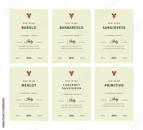 Special collection best quality grape varieties and premium wine brand names labels emblems abstract isolated vector illustration. Italy red wine label set.