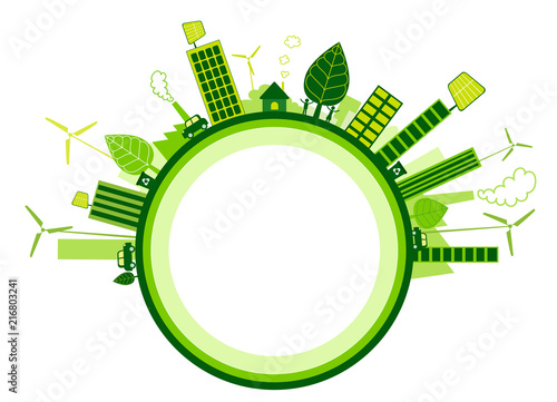 Ecology concept with green city on earth. Vector illustration