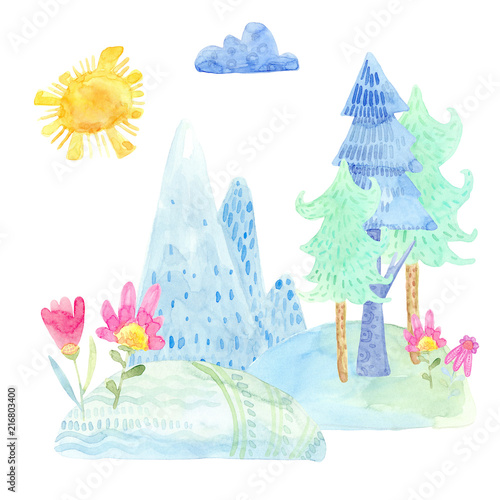 Cartoon watercolor nature. Hills, mountains with trees, flowers. The sky with clouds, the sun. Isolated on white background