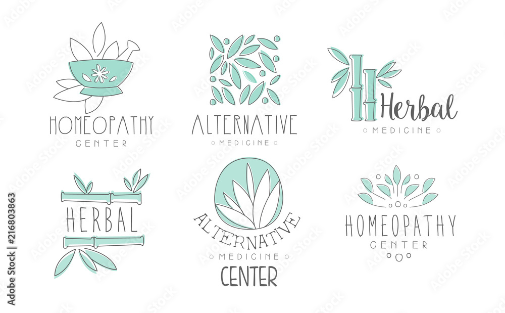 Alternative medicine logo design set, herbal medicine, homeopathy center hand drawn vector Illustrations on a white background