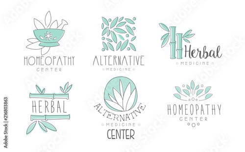 Alternative medicine logo design set, herbal medicine, homeopathy center hand drawn vector Illustrations on a white background