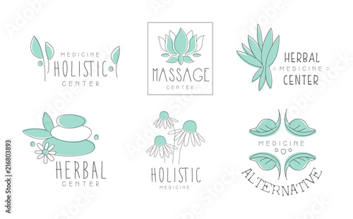 Alternative medicine logo design set, herbal, massage, holistic center hand drawn vector Illustrations on a white background