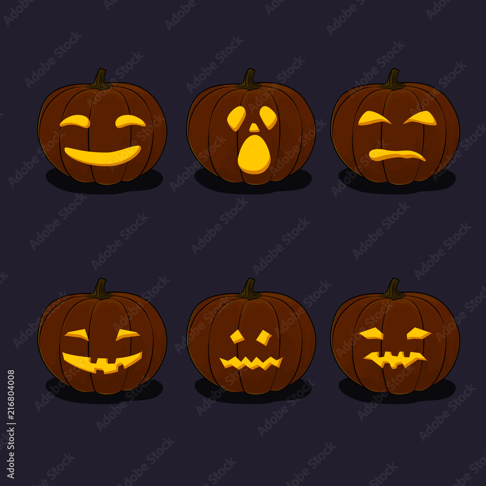 Set of Pumpkins, Jack-o-Lantern on Black Background, Carved Scary Pumpkins, Halloween Holiday , Vector Illustration Set of Pumpkins, Jack-o-Lantern on Black Background, Carved Scary Pumpkins, Halloween Holiday , Vector Illustration