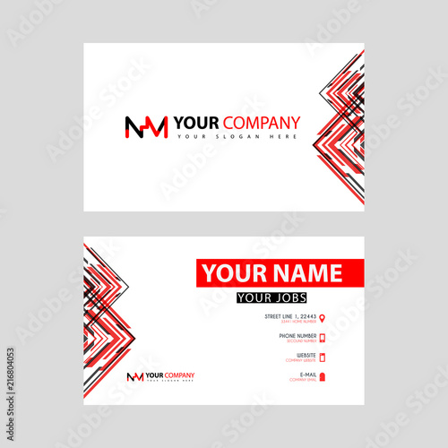 Business card template in black and red. with a flat and horizontal design plus the NM logo Letter on the back.