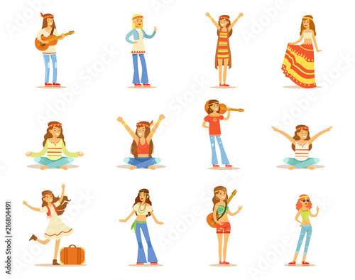 Hippie girls set, young beautiful women with long hair dressed in Hippy subculture clothes vector Illustrations isolated on a white background