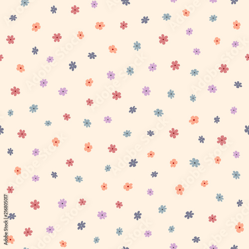 Repeated small cute flowers. Simple floral seamless pattern. Endless feminine print.