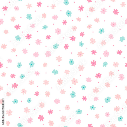 Repeated small cute flowers and round dots. Simple girly floral pattern.