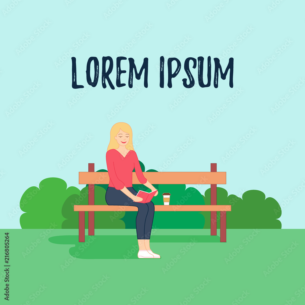 Young girl is sitting on the bench with book in her hands, reading it and drinking coffee. Resting woman. Flat style vector illustration. Banner, poster with green park background. For print, web. Young girl is sitting on the bench with book in her hands, reading it and drinking coffee. Resting woman. Flat style vector illustration. Banner, poster with green park background. For print, web.