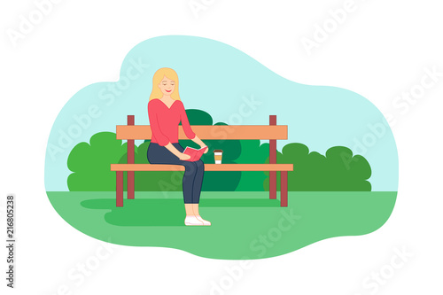 Young girl is sitting on the bench with book in her hands, reading it and drinking coffee. Resting woman. Flat style vector illustration. Banner, poster with green park background. For print, web.