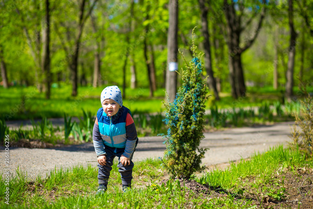 Little boy play in park in sunny day. Spring in city park. Childhood Little boy play in park in sunny day. Spring in city park. Childhood