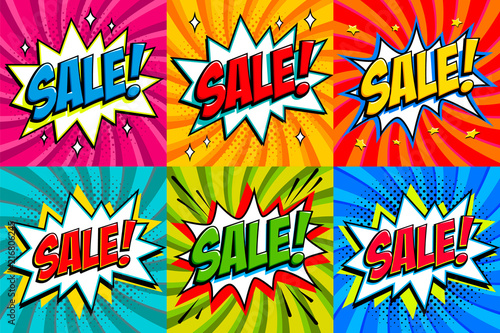 Big sale set. Comic style template banners. 4 Sale inscriptions on color twisted backgrounds. Pop-art comics style web banners, flash animation. photo