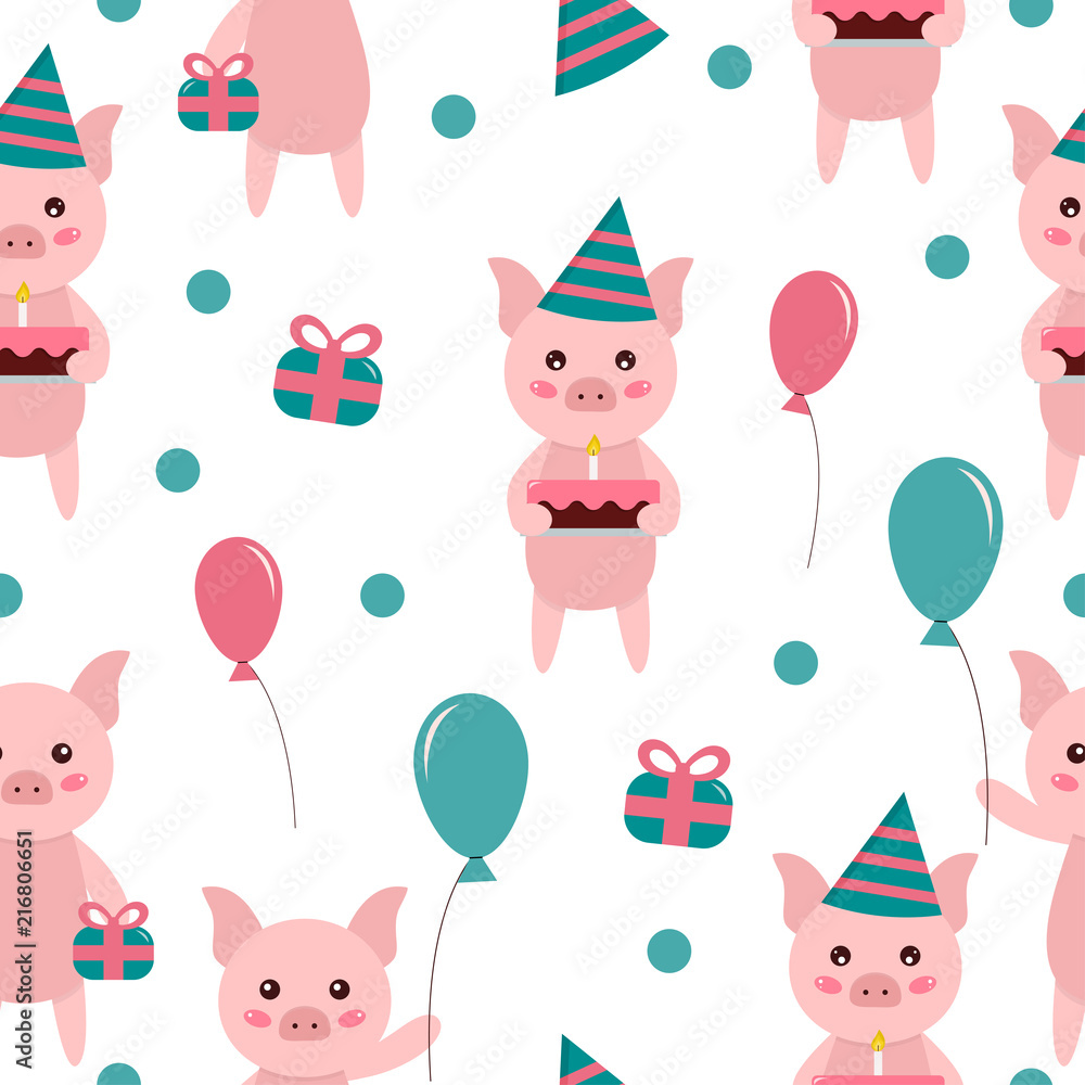 Seamless pattern cute cartoon pig. Happy birthday theme. Background for  kids. Design for fabric, textile, invitations and wrapping paper. Vector  illustration Stock Vector | Adobe Stock