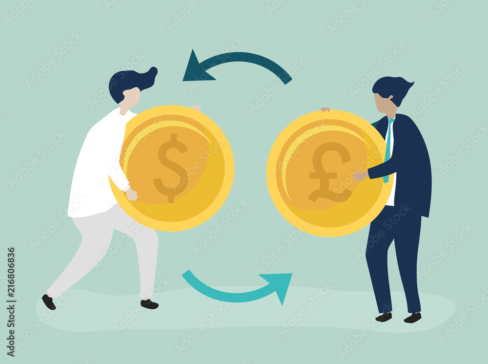 Characters of two businessmen exchanging currency illustration Characters of two businessmen exchanging currency illustration