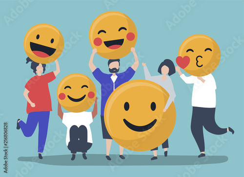 Characters of people holding positive emoticons illustration