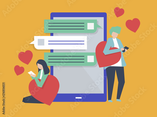Characters of a couple messaging on a mobile illustration