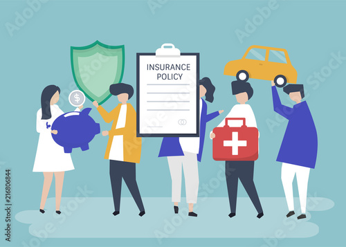 Characters of people holding insurance icons illustration