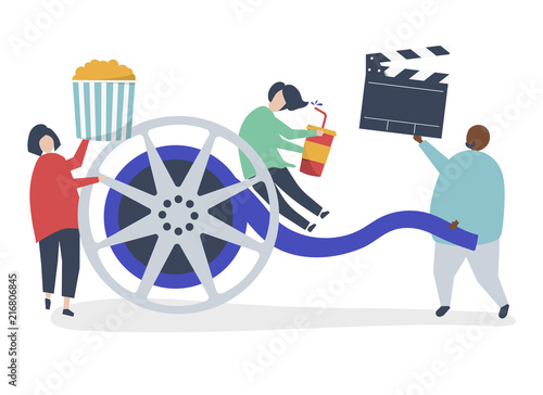 Characters of people holding movie icons illustration